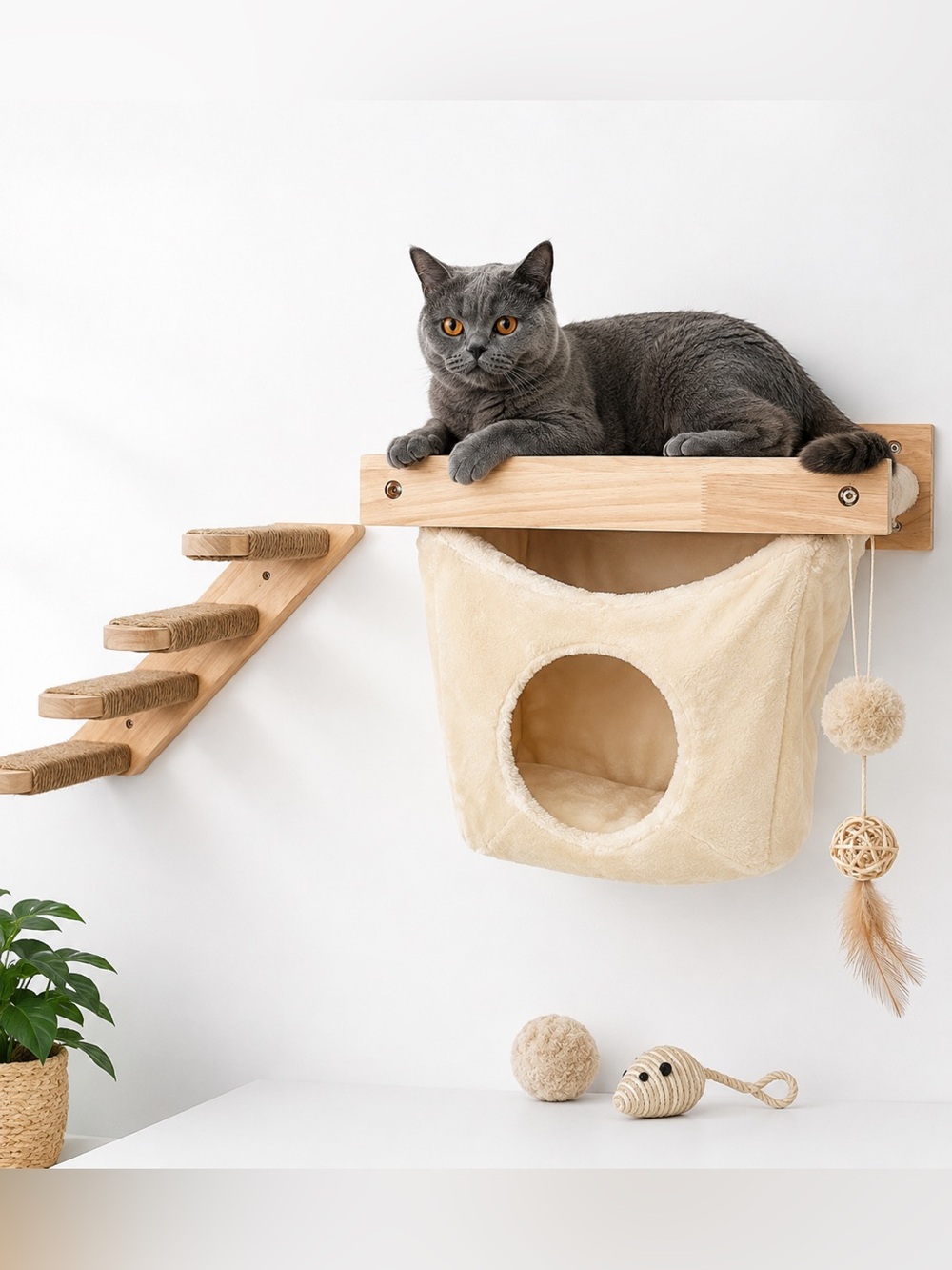 Plush Hanging Cat Hammock & Shelf - Cream